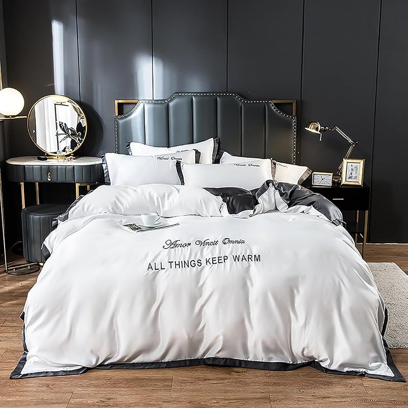 LEXIN 4 Piece Queen Size Soft Washed Silk Duvet Cover Set with Zipper Closure and Corner Ties Cooling Luxury Bedding Soft Embroidered Design White 200x230 cm - Image 1