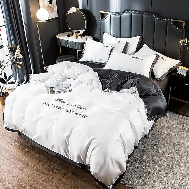 LEXIN 4 Piece Queen Size Soft Washed Silk Duvet Cover Set with Zipper Closure and Corner Ties Cooling Luxury Bedding Soft Embroidered Design White 200x230 cm - Image 2