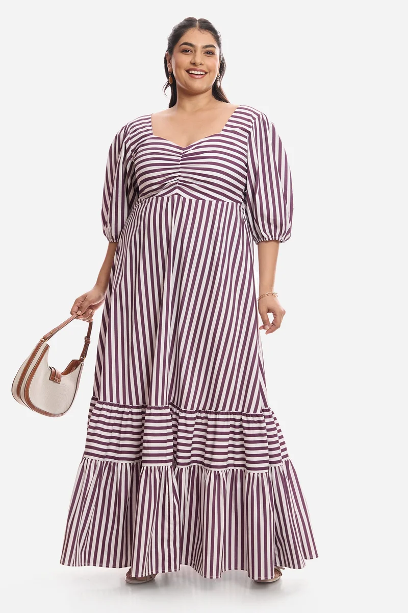 فيرجيو Stripes Cotton Midi Plus Size Dress With Puff Sleeves for Women