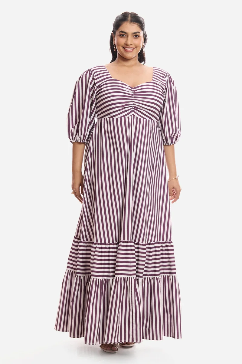 فيرجيو Stripes Cotton Midi Plus Size Dress With Puff Sleeves for Women
