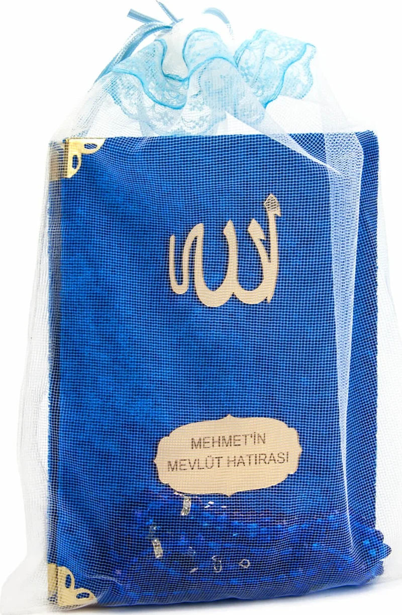 İhvan Ihvan 10 Pieces Velvet Covered Book of Yasin with Tulle Pouch, Personalized Name Plate, Rosary, Dark Blue