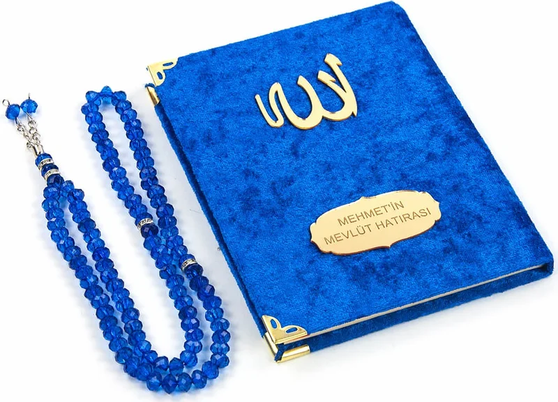 İhvan Ihvan 10 Pieces Velvet Covered Book of Yasin with Tulle Pouch, Personalized Name Plate, Rosary, Dark Blue