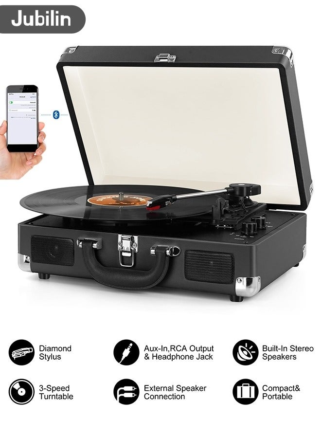 Jubilin Vinyl Record Player, 3 Speeds Belt Driven Suitcase Portable Turntable for Vinyl Records with Built-in Speakers/RCA Output/Aux in/Headphone Jack, Black - Image 1