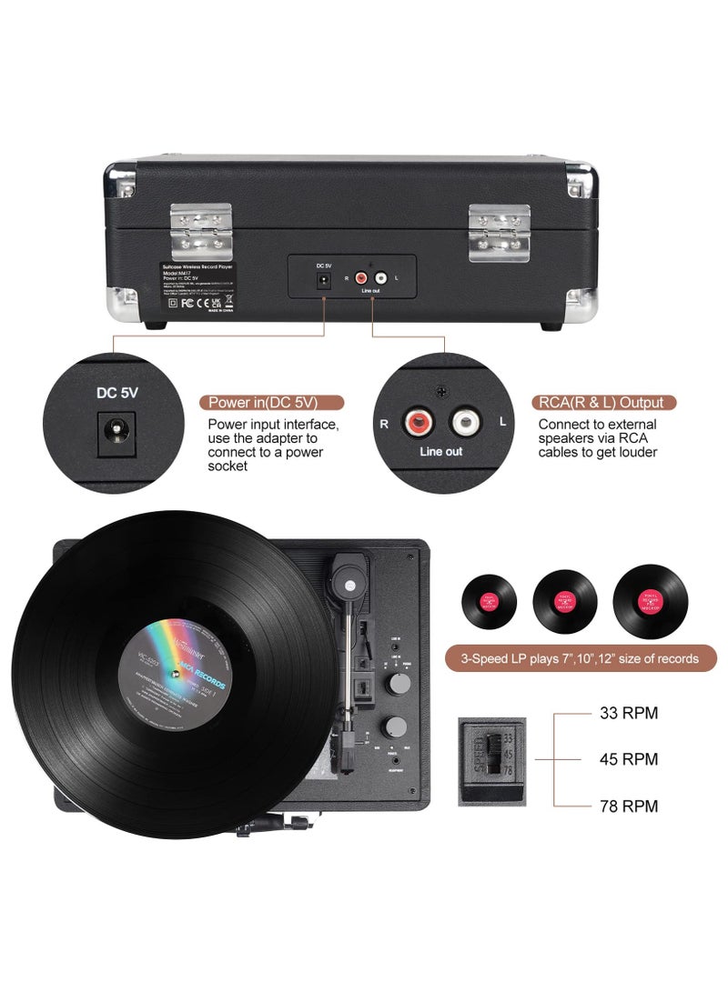 Jubilin Vinyl Record Player, 3 Speeds Belt Driven Suitcase Portable Turntable for Vinyl Records with Built-in Speakers/RCA Output/Aux in/Headphone Jack, Black - Image 3