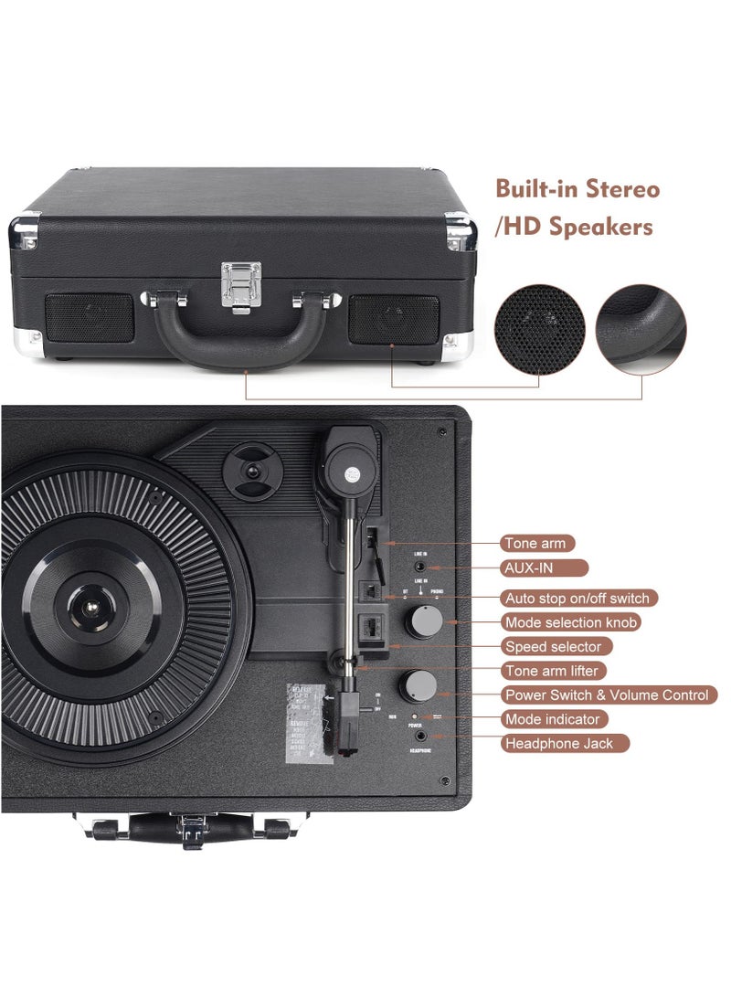 Jubilin Vinyl Record Player, 3 Speeds Belt Driven Suitcase Portable Turntable for Vinyl Records with Built-in Speakers/RCA Output/Aux in/Headphone Jack, Black - Image 4