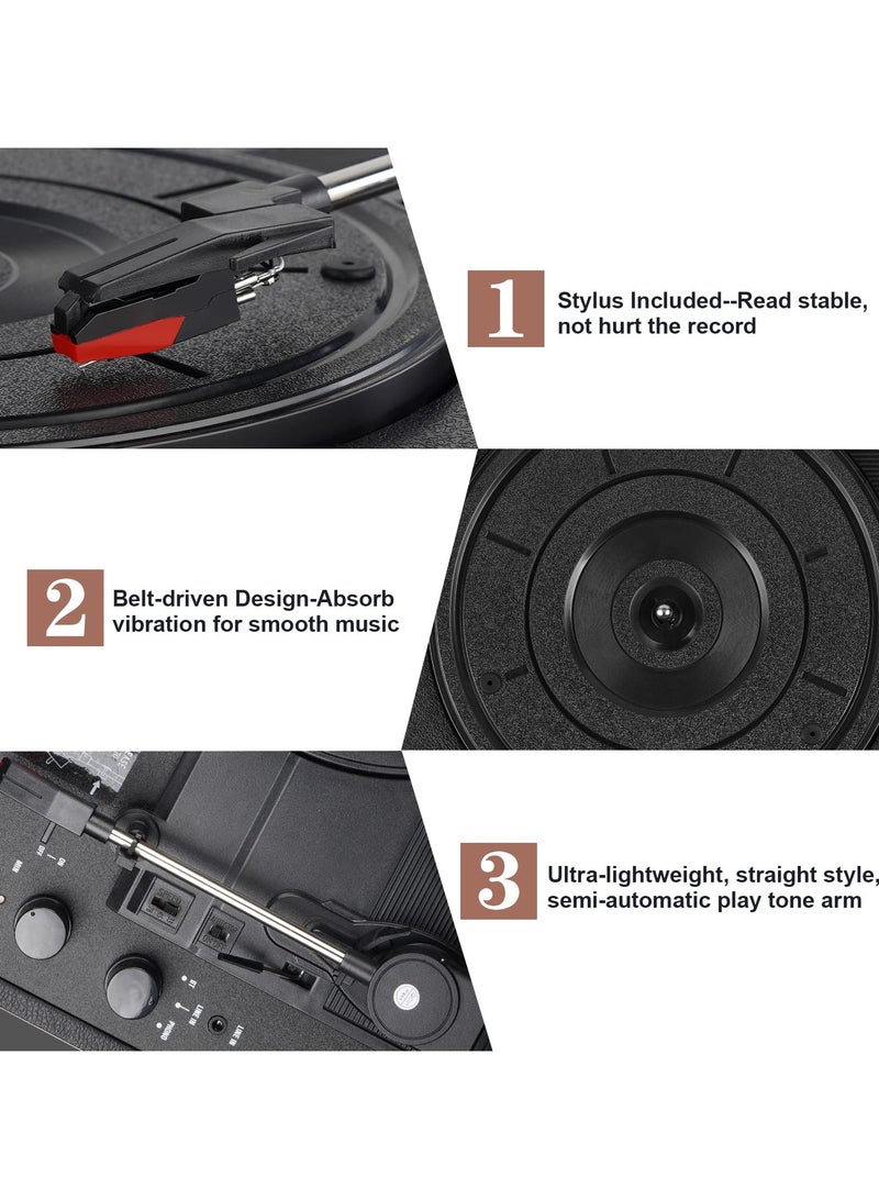 Jubilin Vinyl Record Player, 3 Speeds Belt Driven Suitcase Portable Turntable for Vinyl Records with Built-in Speakers/RCA Output/Aux in/Headphone Jack, Black - Image 5