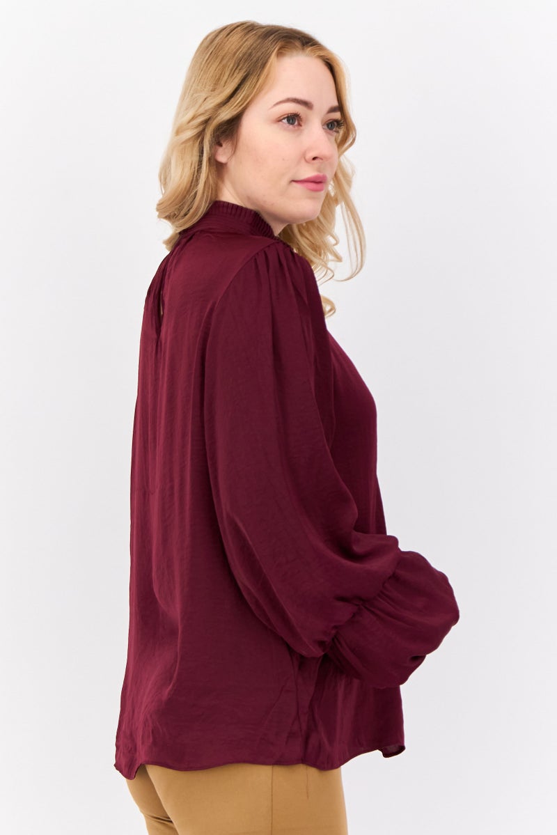 Tahari Women Ruffle Neck Long Sleeve Solid Blouse, Maroon - Image 2