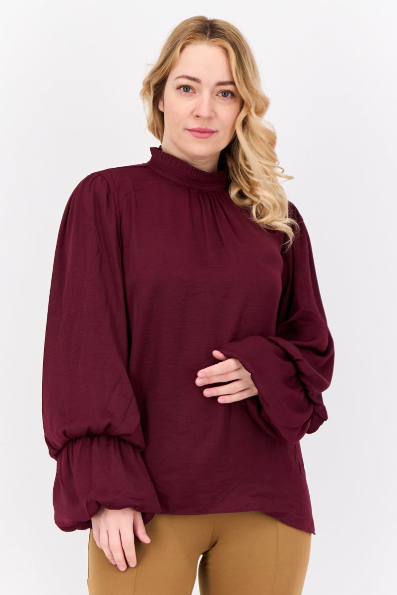 Tahari Women Ruffle Neck Long Sleeve Solid Blouse, Maroon - Image 1