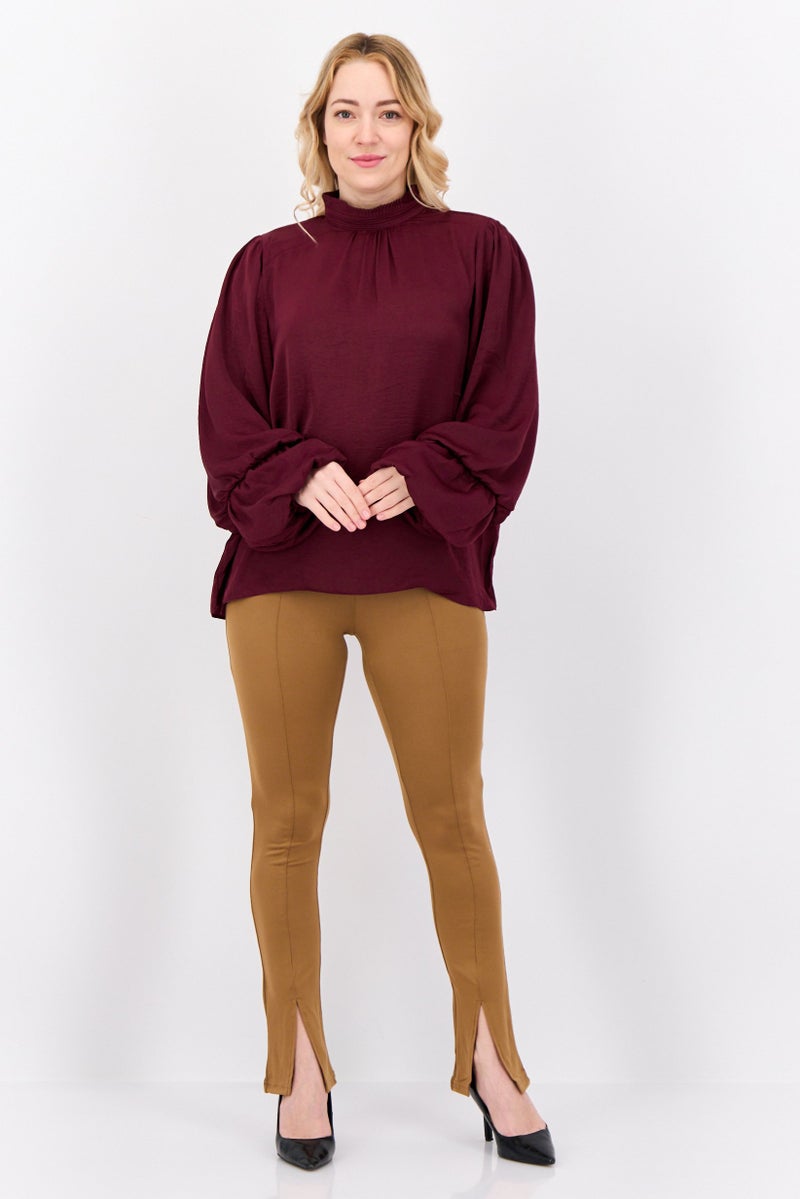 Tahari Women Ruffle Neck Long Sleeve Solid Blouse, Maroon - Image 4