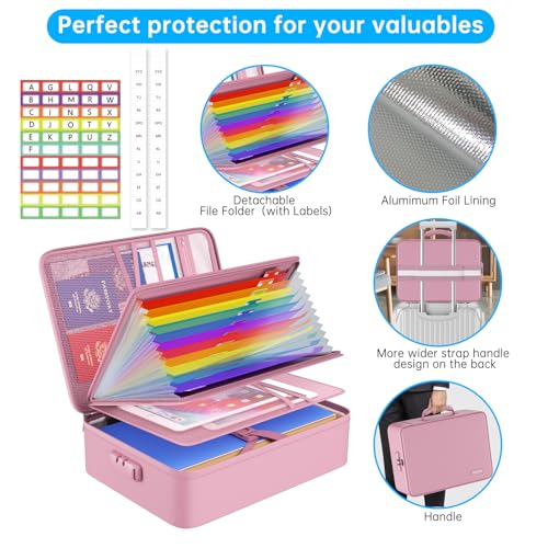 ENGPOW Fireproof File Organizer Bag with 13 Colorful Pockets Accordion File Folder,5200℉ Document Organizer Box with Lock&Labels,Multi-Layer Portable Home Safe Storage for Important Documents,Pink - Image 4