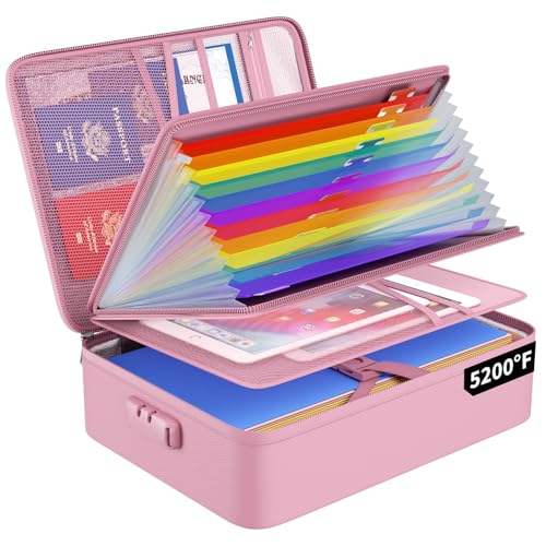 ENGPOW Fireproof File Organizer Bag with 13 Colorful Pockets Accordion File Folder,5200℉ Document Organizer Box with Lock&Labels,Multi-Layer Portable Home Safe Storage for Important Documents,Pink - Image 1