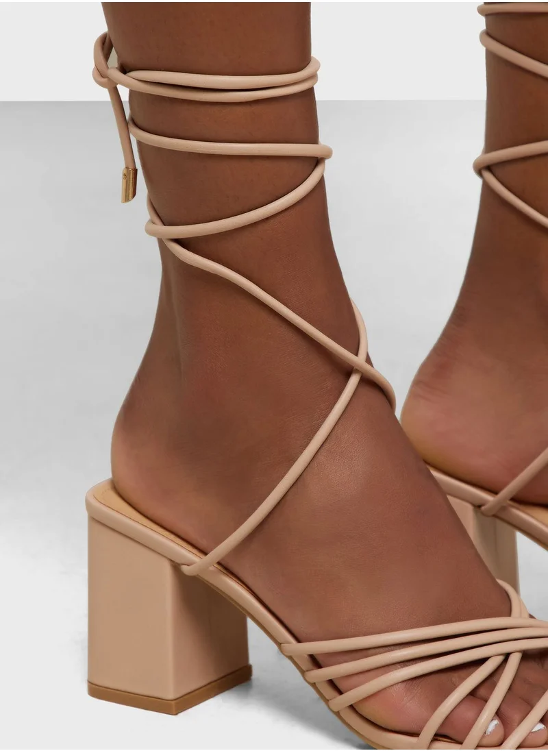 Truffle Block Heel Strappy Lace Up Sandal