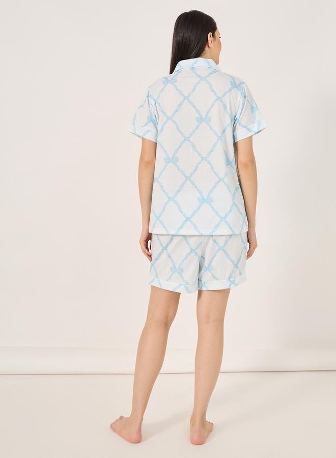 Styli Bow String Print Pocket Detail Shirt and Shorts Set  - Image 4