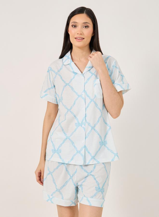 Styli Bow String Print Pocket Detail Shirt and Shorts Set  - Image 2