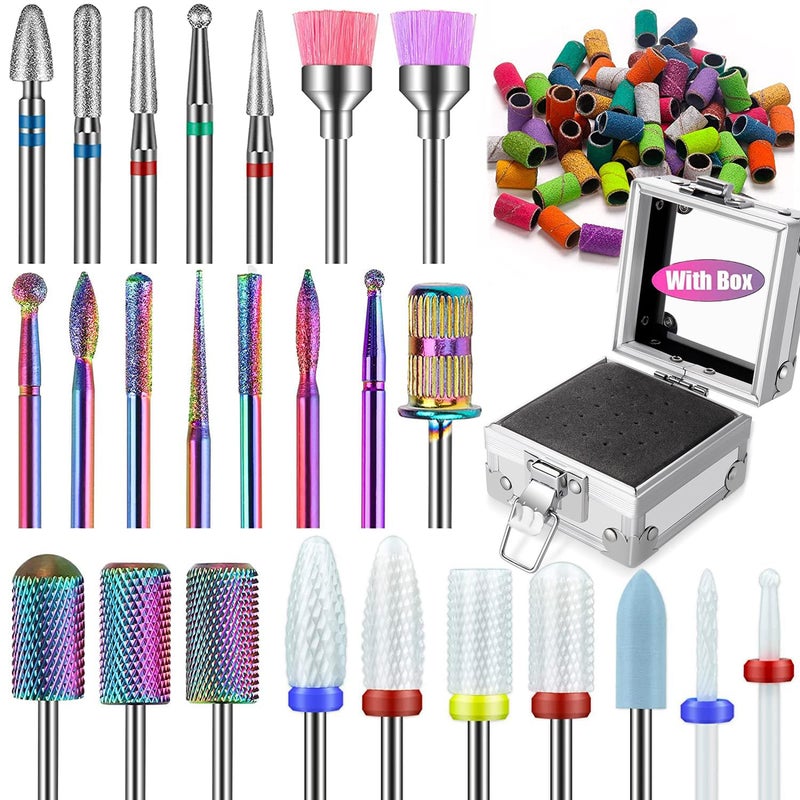Depvko 25Pcs Nail Drill Bits Set with Silver Holder and 50Pcs 8 Colors Sanding Bands, Tungsten Carbide Ceramic Diamond 3/32 inch Nail Drill Bits Remove Acrylic Poly Nail Gel Nail Polish - Image 1