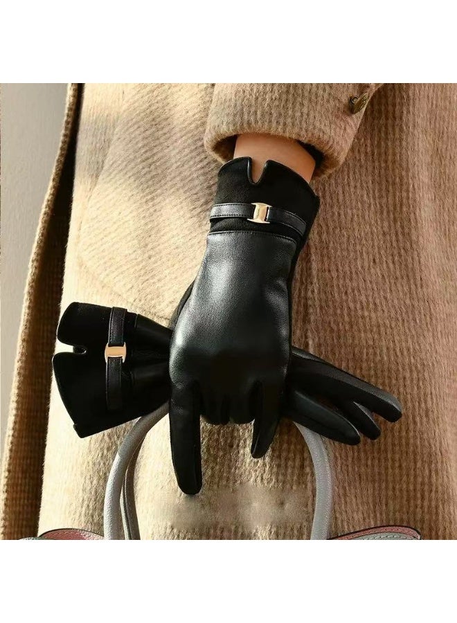 قفازات جلدية نسائية شتوية مبطنة دافئة مع خاصية اللمس للشاشة، مضادة للرياح والبرد، مناسبة للقيادة والاستخدام الخارجي - Image 1