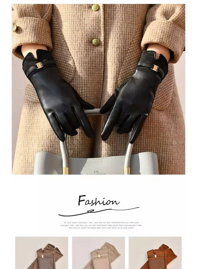 قفازات جلدية نسائية شتوية مبطنة دافئة مع خاصية اللمس للشاشة، مضادة للرياح والبرد، مناسبة للقيادة والاستخدام الخارجي - Image 5