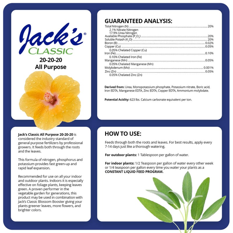 Jacks Classic Jack's Classic 20-20-20 All Purpose Water-Soluble Fertilizer with Micronutrients to Provide General Growth on All Plants, 4lbs - Image 2