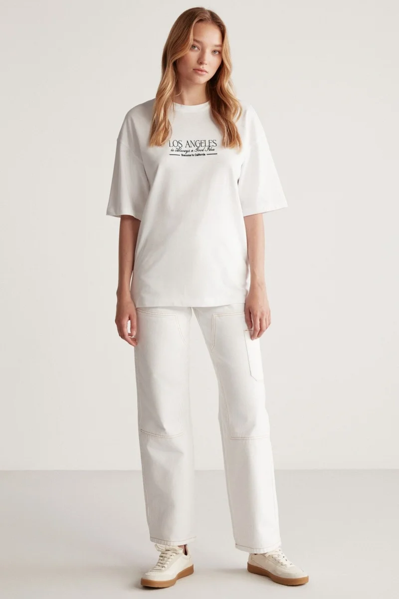 GRIMELANGE Janna Women's City Themed Front and Back Print Detail Oversize Fit Crew Neck White / Green T-shirt