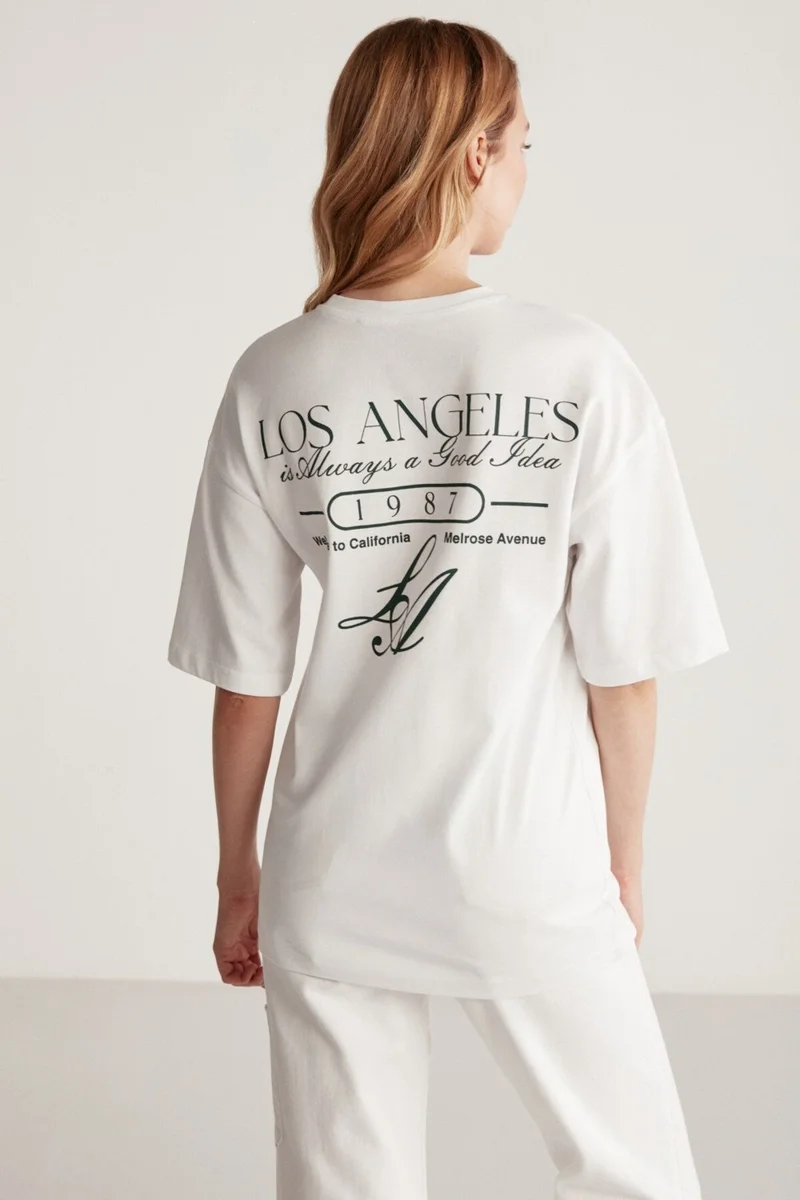 GRIMELANGE Janna Women's City Themed Front and Back Print Detail Oversize Fit Crew Neck White / Green T-shirt