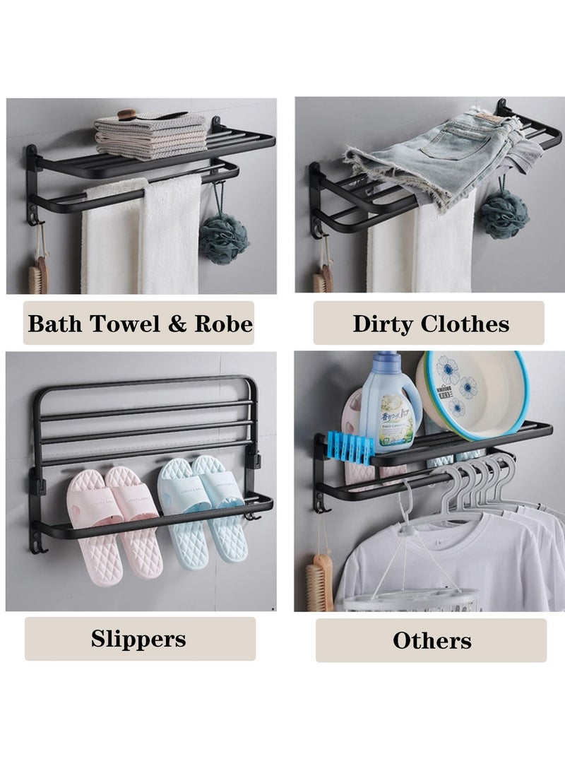Space-Saving Wall-Mounted Towel Rack with Double Bar and Foldable Shelf, Rustproof Black Organizer for Bathroom, Balcony and Lavatory, 40 cm - Image 3