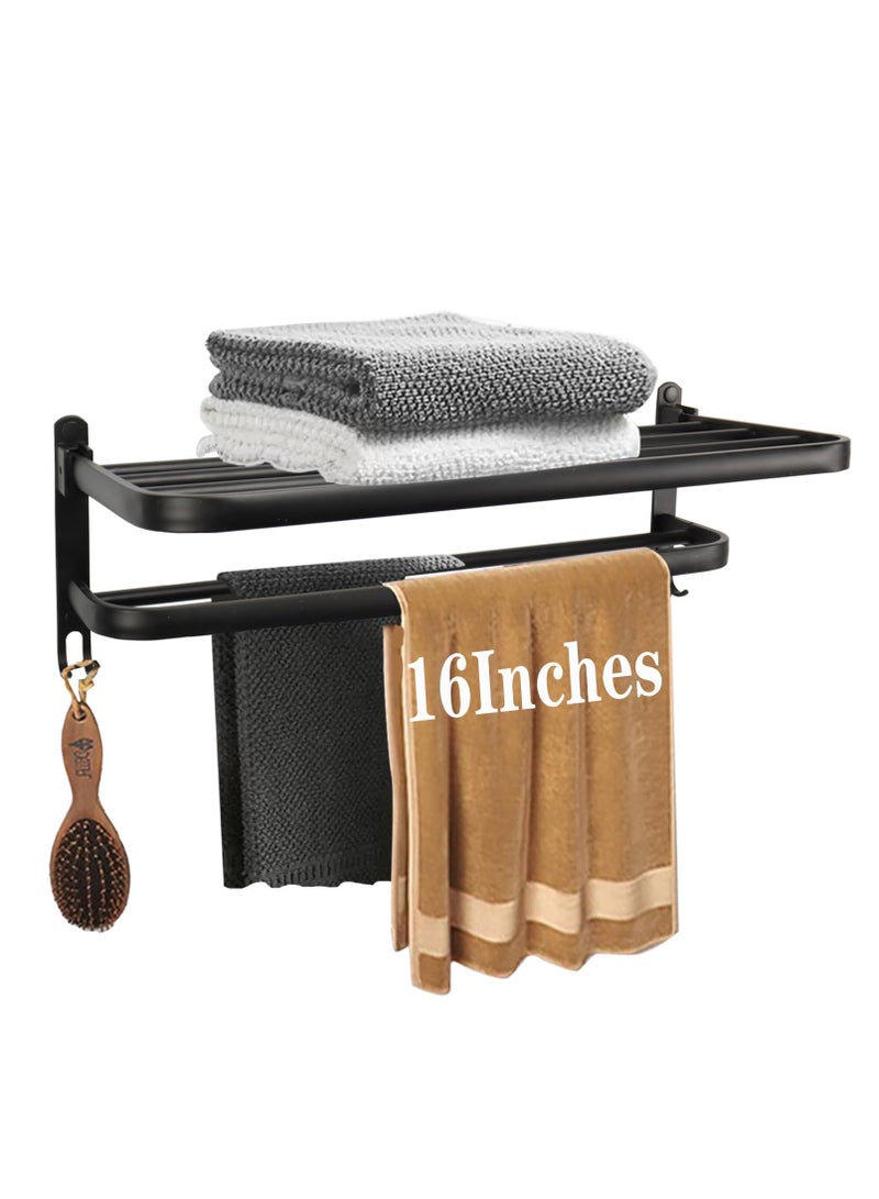 Space-Saving Wall-Mounted Towel Rack with Double Bar and Foldable Shelf, Rustproof Black Organizer for Bathroom, Balcony and Lavatory, 40 cm - Image 1