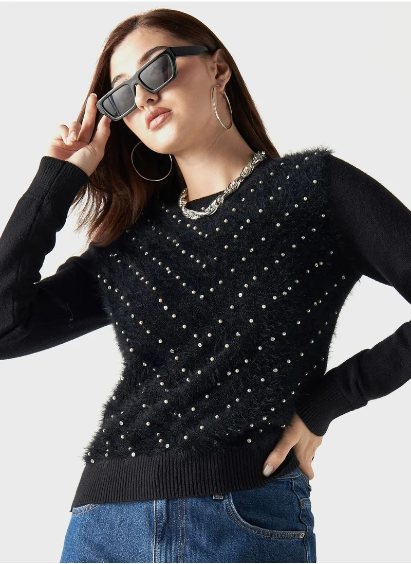 تواكستريمز Embellished Crew Neck Sweater