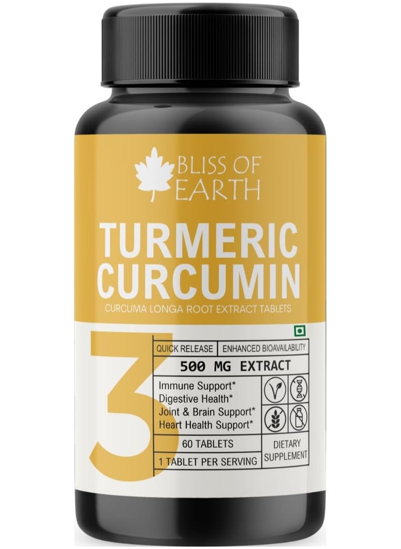 BLISS OF EARTH High Potency Turmeric Curcumin Extract Tablets 500mg with Quick Release and Enhanced Bioavailability Premium Joint and Healthy Support Non GMO and Gluten Free 60 Tablets  - Image 1