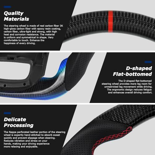 VOONKE Real Carbon Fiber Steering Wheel For Ford F150 2021-2023 D-shaped Nappa Perforated Leather Flat-bottom Steering Whee-Without Paddle Shifter - Image 2
