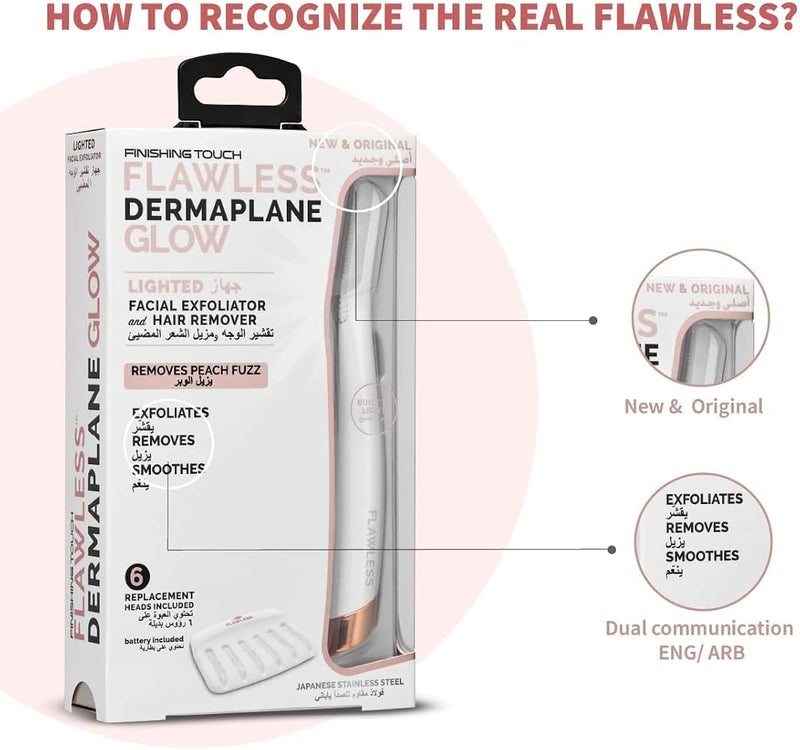 Flawless Finishing Touch Flawless Dermaplane Glo Facial Exfoliator with 6 replacement heads - Image 1