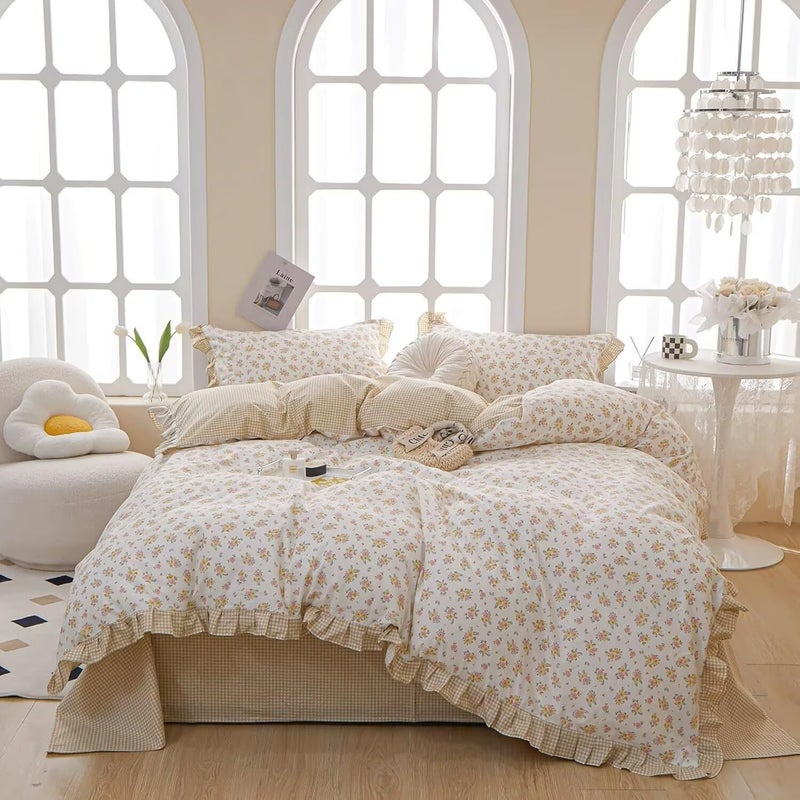 MKXI Full Size Pink & Yellow Floral Ruffled Comforter Set - 3 Piece Cottagecore Style Reversible Bed Set with Beige Plaid Pattern, Soft Aesthetic Bedding Set for Girls Wome - Image 2