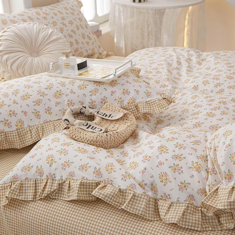 MKXI Full Size Pink & Yellow Floral Ruffled Comforter Set - 3 Piece Cottagecore Style Reversible Bed Set with Beige Plaid Pattern, Soft Aesthetic Bedding Set for Girls Wome - Image 5