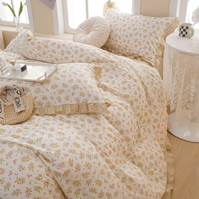 MKXI Full Size Pink & Yellow Floral Ruffled Comforter Set - 3 Piece Cottagecore Style Reversible Bed Set with Beige Plaid Pattern, Soft Aesthetic Bedding Set for Girls Wome - Image 4
