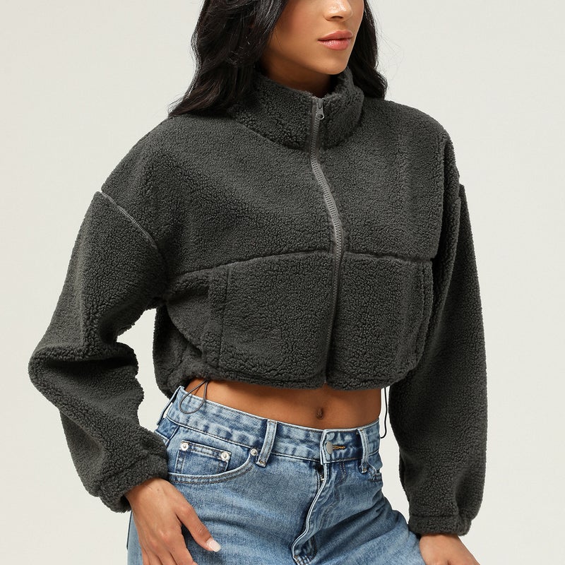 Generic Cross-border New Sports Casual Lamb Wool Coat Autumn and Winter Plush Short Top Coat Outdoor Running Coat for Women Dark gray