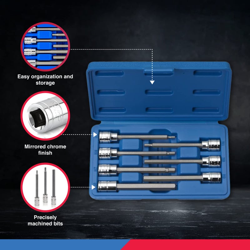 Neiko Neiko 10076A 3/8-Inch Drive Extra Long Allen Hex Bit Socket Set, Metric, 3 mm - 10 mm | S2 and Cr-V Steel, 7-Piece Set  - Image 4