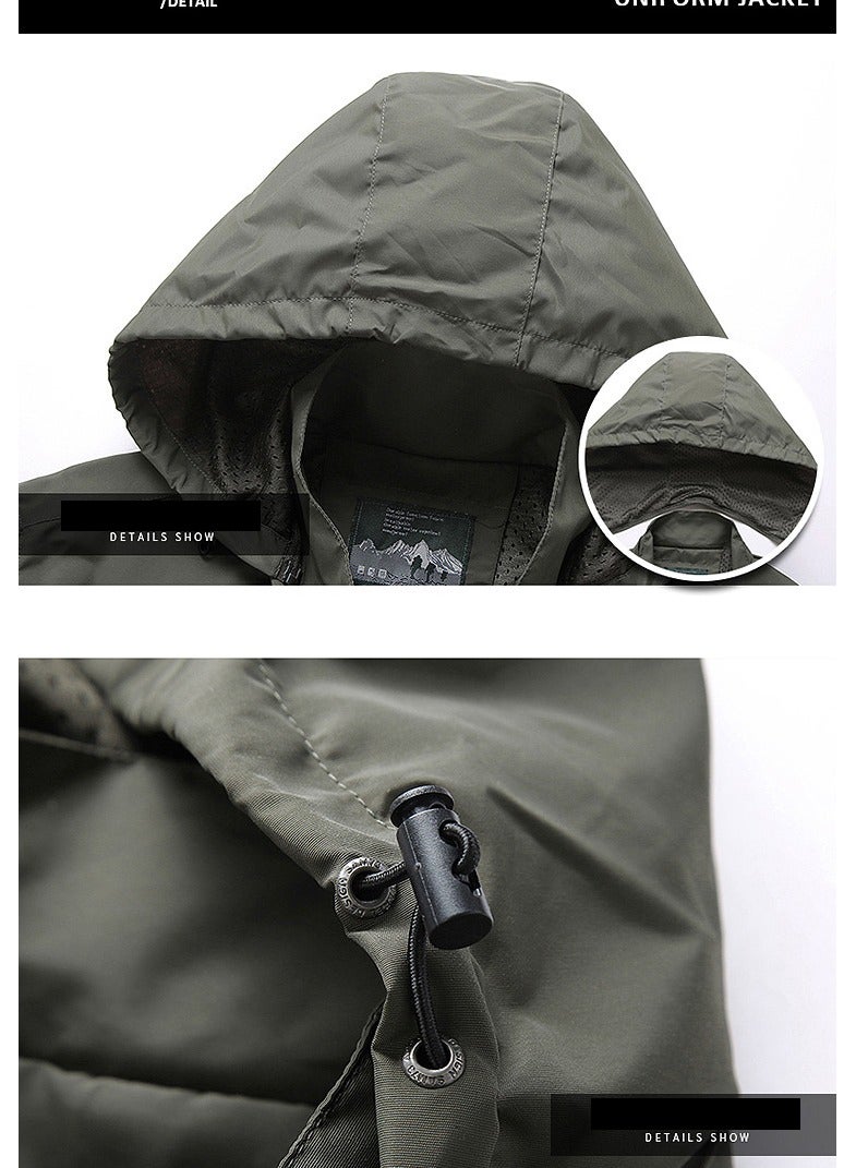 سترة واقية خفيفة للرجال، سترة واقية بقلنسوة، معاطف مطر ناعمة ومقاومة للماء بسحاب وجيوب، معطف واقي من المطر مع غطاء محرك قابل للفصل. - Image 5