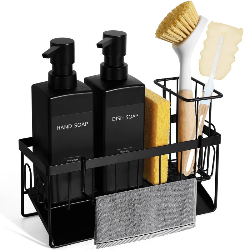 GMISUN Dish Soap Dispenser, 12 fl oz / 350 ml Dual Kitchen Soap Dispensers with Sponge Holder, Customized Matte Black Kitchen Soap Dispenser Set, Modern Hand and Dish Soap Bottle Set Removable - Image 1