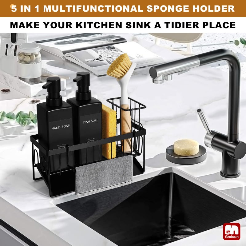 GMISUN Dish Soap Dispenser, 12 fl oz / 350 ml Dual Kitchen Soap Dispensers with Sponge Holder, Customized Matte Black Kitchen Soap Dispenser Set, Modern Hand and Dish Soap Bottle Set Removable - Image 5