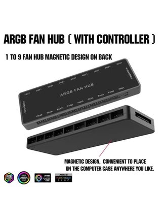 وحدة تحكم مروحة ARGB HUB مع جهاز تحكم عن بعد، يدعم محور PWM 9 مجموعات من المراوح لـ ARGB 5 فولت 3 سنون وPWM 12 فولت 4 سنون، مروحة علبة RGB 2 في 1 مع قاعدة مغناطيسية مخفية وطاقة SATA (9 مجموعات) - view 3