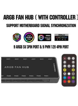 وحدة تحكم مروحة ARGB HUB مع جهاز تحكم عن بعد، يدعم محور PWM 9 مجموعات من المراوح لـ ARGB 5 فولت 3 سنون وPWM 12 فولت 4 سنون، مروحة علبة RGB 2 في 1 مع قاعدة مغناطيسية مخفية وطاقة SATA (9 مجموعات) - view 5