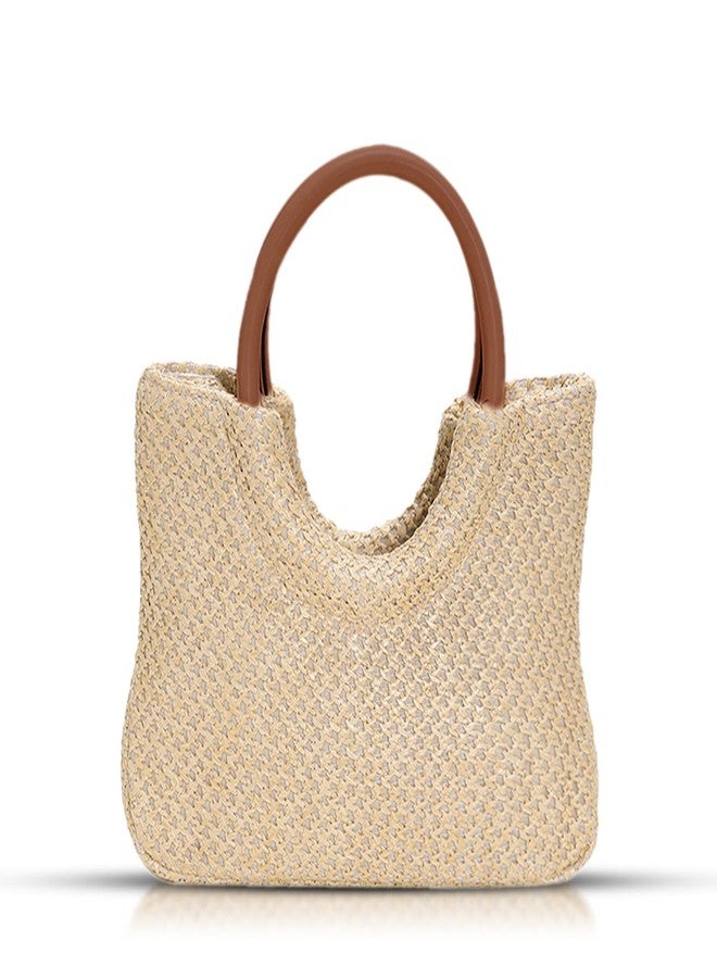 QTKJ Tote Bag for Women, Straw Beach Bag, Round Leather Handbag, Bohemian Hand-Woven, Summer Bag Suitable for Beach, Travel, Daily Matching （Khaki - Image 1