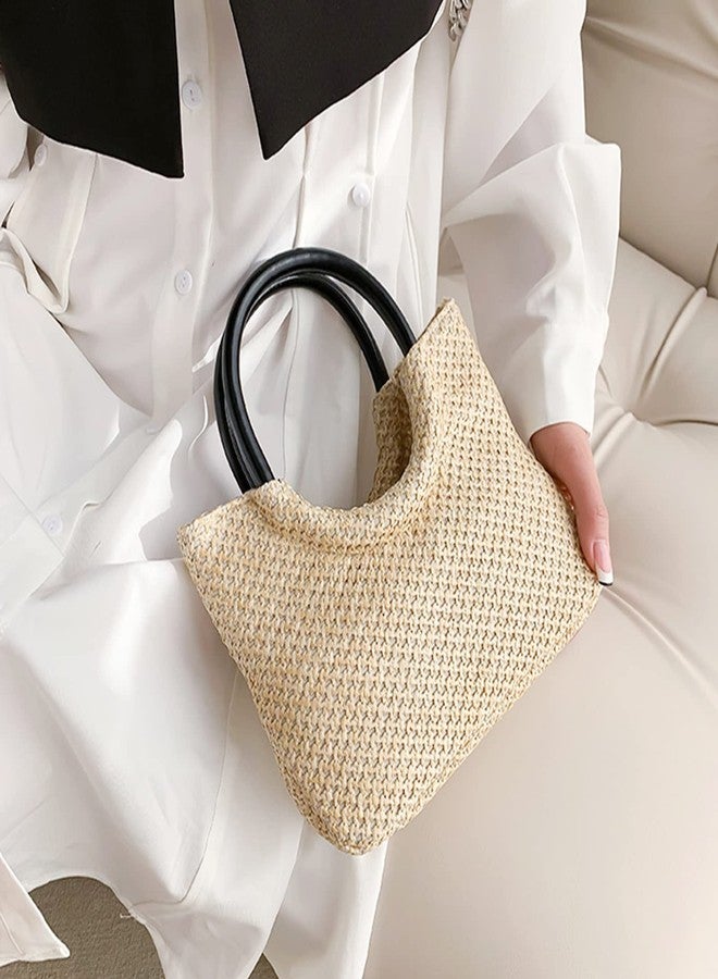 QTKJ Tote Bag for Women, Straw Beach Bag, Round Leather Handbag, Bohemian Hand-Woven, Summer Bag Suitable for Beach, Travel, Daily Matching （Khaki - Image 2
