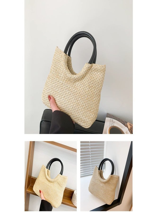 QTKJ Tote Bag for Women, Straw Beach Bag, Round Leather Handbag, Bohemian Hand-Woven, Summer Bag Suitable for Beach, Travel, Daily Matching （Khaki - Image 5