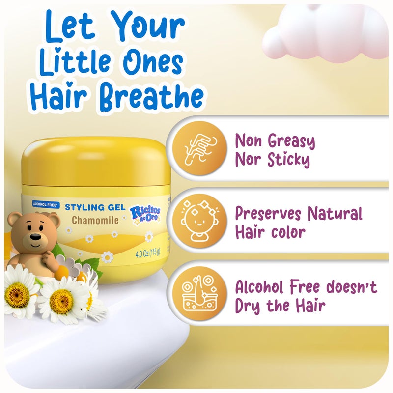 Ricitos de Oro Chamomile Hair Gel -Preserves Natural Color, Non-Greasy, Alcohol Free, Hypoallergenic, Tear-Free, Gentle Daily Use - Baby, Kids Hair Gel, Toddler - 4.05 Oz, 3-Pack - Image 3