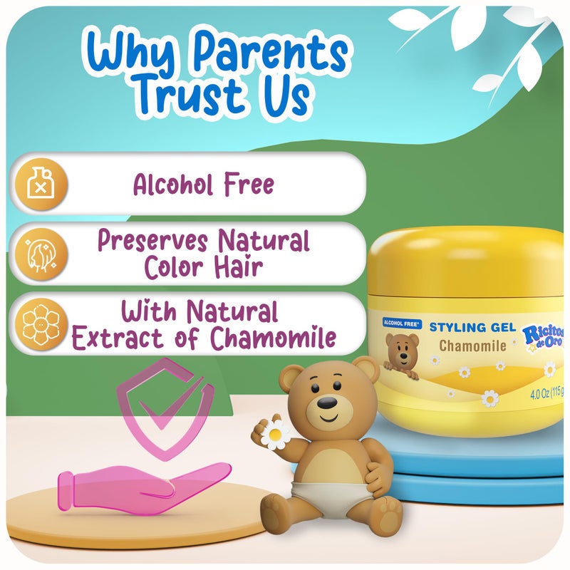 Ricitos de Oro Chamomile Hair Gel -Preserves Natural Color, Non-Greasy, Alcohol Free, Hypoallergenic, Tear-Free, Gentle Daily Use - Baby, Kids Hair Gel, Toddler - 4.05 Oz, 3-Pack - Image 5
