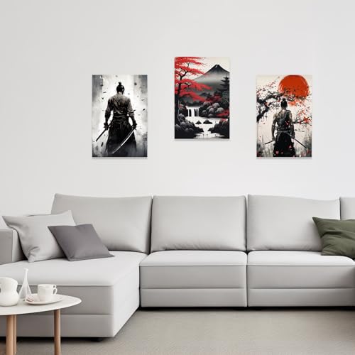 CCWACPP 3 Piece Samurai Wall Art Japan Painting Canvas Print Warrior Figure Pictures Bushido Posters Japanese Culture Theme Artwork Home Room Decor Framed (C, (12"x16"x3)) - Image 2