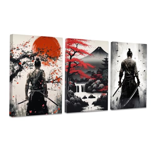 CCWACPP 3 Piece Samurai Wall Art Japan Painting Canvas Print Warrior Figure Pictures Bushido Posters Japanese Culture Theme Artwork Home Room Decor Framed (C, (12"x16"x3)) - Image 1