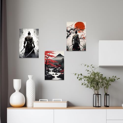 CCWACPP 3 Piece Samurai Wall Art Japan Painting Canvas Print Warrior Figure Pictures Bushido Posters Japanese Culture Theme Artwork Home Room Decor Framed (C, (12"x16"x3)) - Image 3