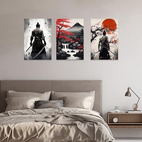 CCWACPP 3 Piece Samurai Wall Art Japan Painting Canvas Print Warrior Figure Pictures Bushido Posters Japanese Culture Theme Artwork Home Room Decor Framed (C, (12"x16"x3)) - Image 4
