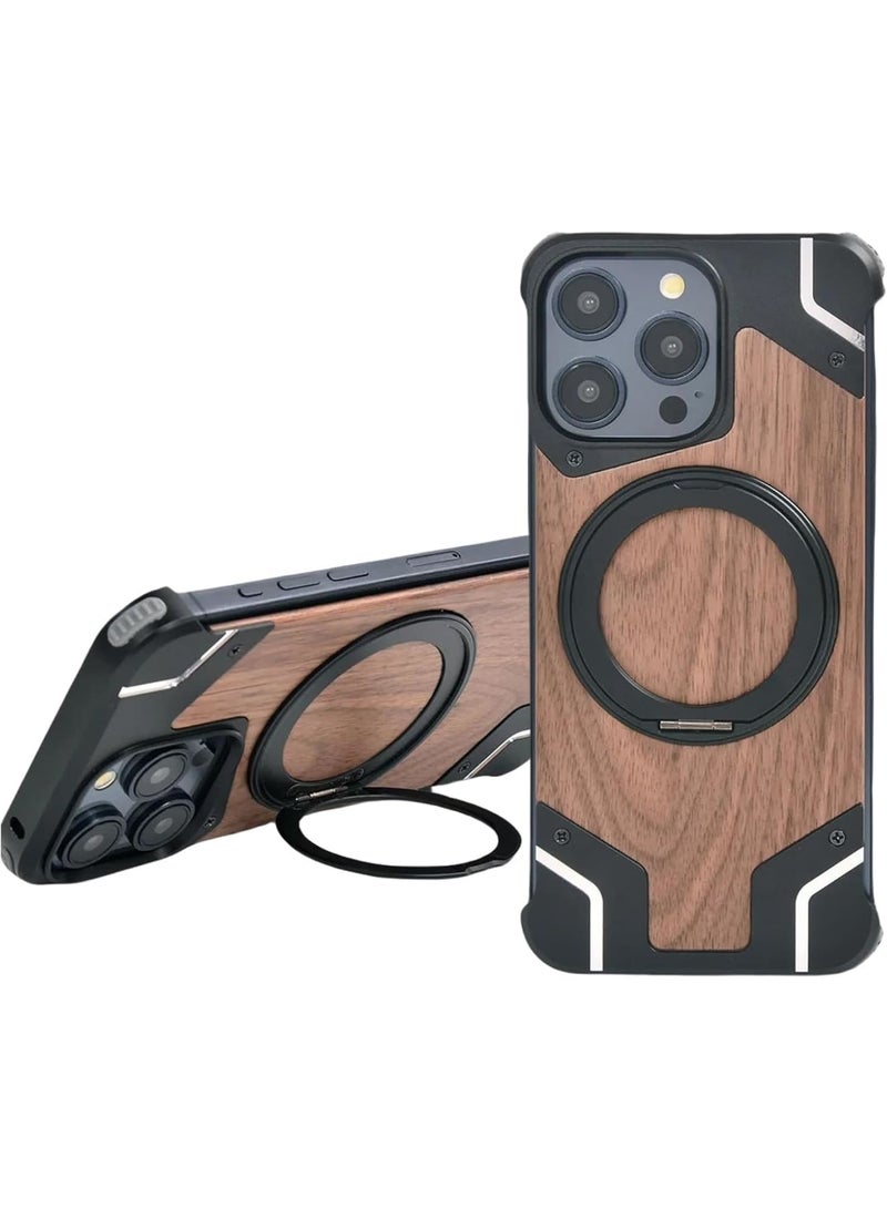 SOLARAE حافظة خشبية بدون إطار لهاتف آيفون 16 برو ماكس، متوافقة مع ماج سيف، غلاف ألمنيوم واقي بقطر 6.9" مع قاعدة مغناطيسية دوارة 360 درجة، بتصميم خشبي - Image 1